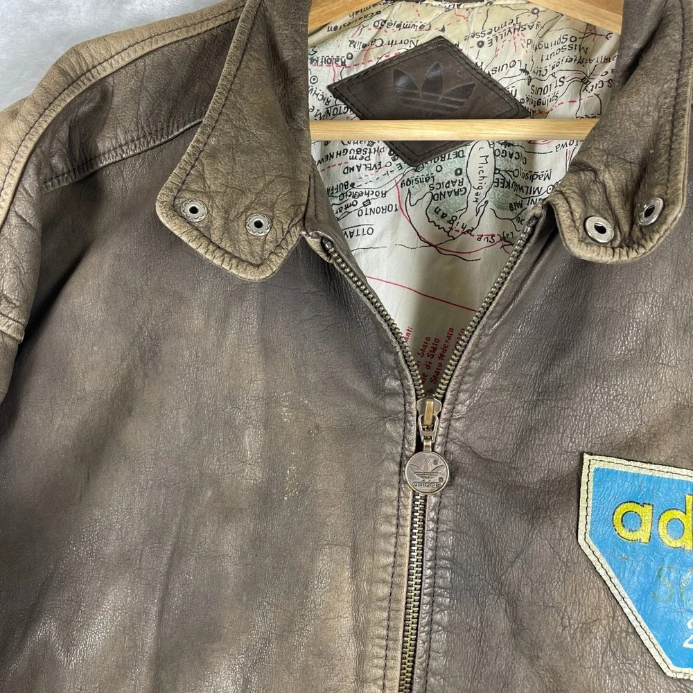 Vintage 80s Adidas Leather Jacket Mens L Brown Airborne Squad 1943 Bomber